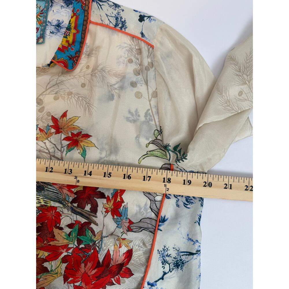 Johnny Was 100% Silk Botanical Blouse M Button Front Bird Floral Piped Collar - Picture 5 of 16
